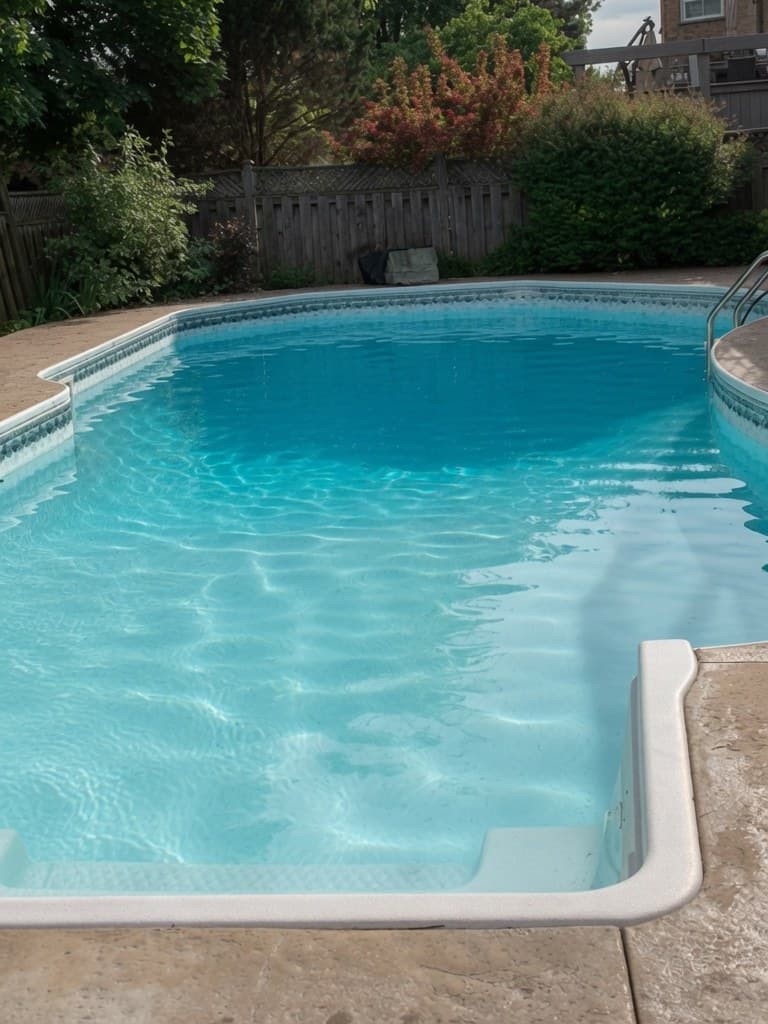 Crystal clear turquoise pool with landscaped backyard